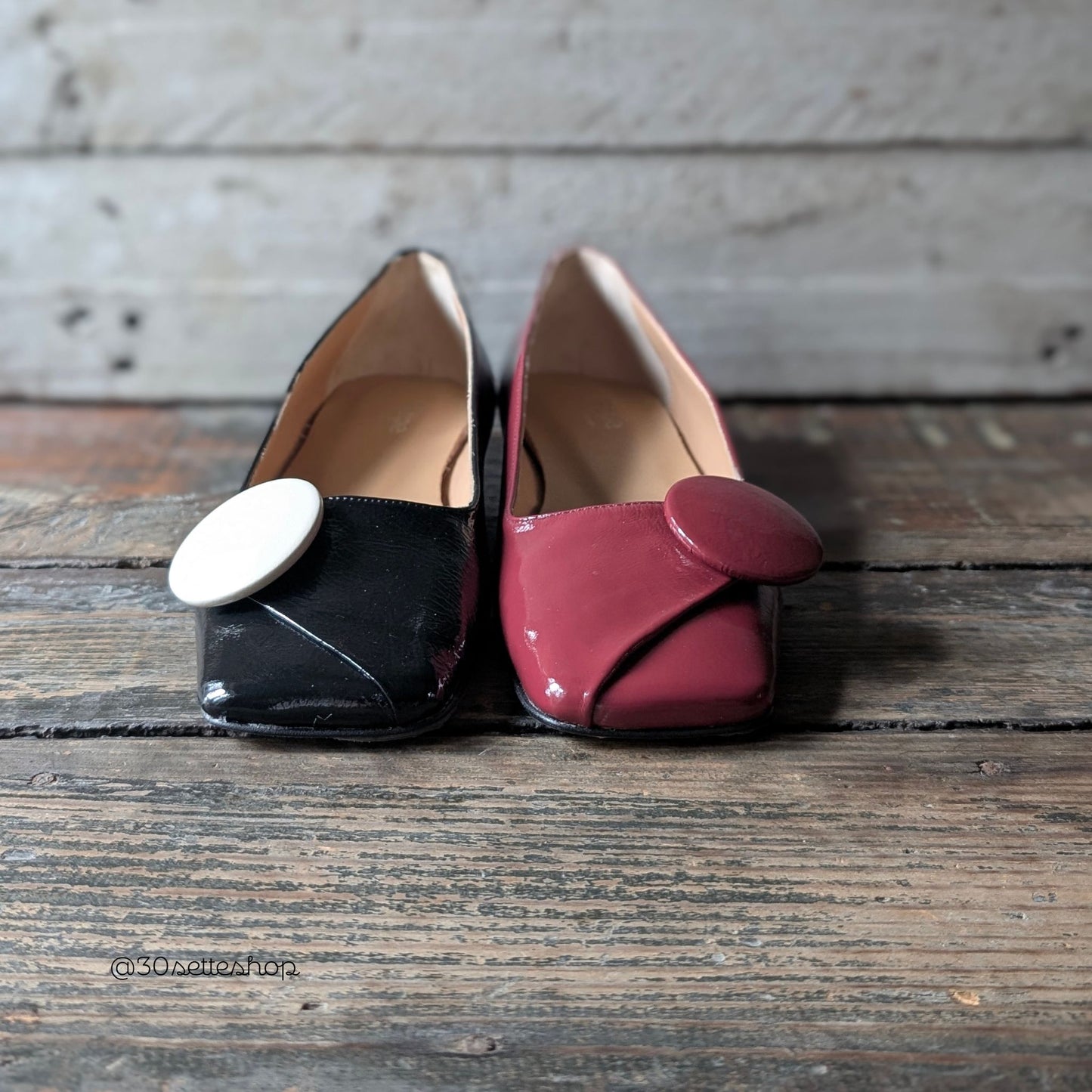 LEA Ballerina punta quadrata tacco di 1 cm in naplak nero e accessorio in naplak panna