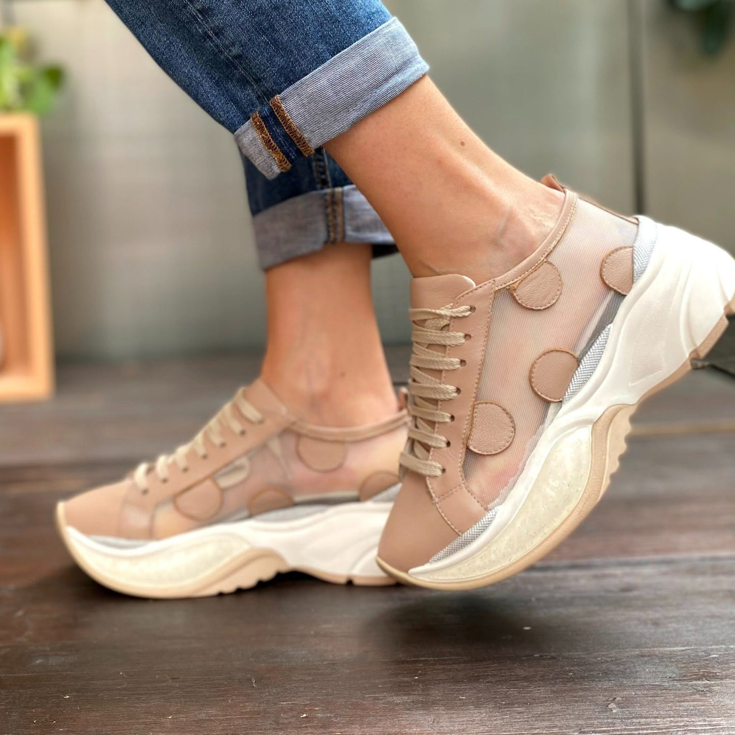 RINE Chunky Sneakers con lacci in rete panna e nappa cipria