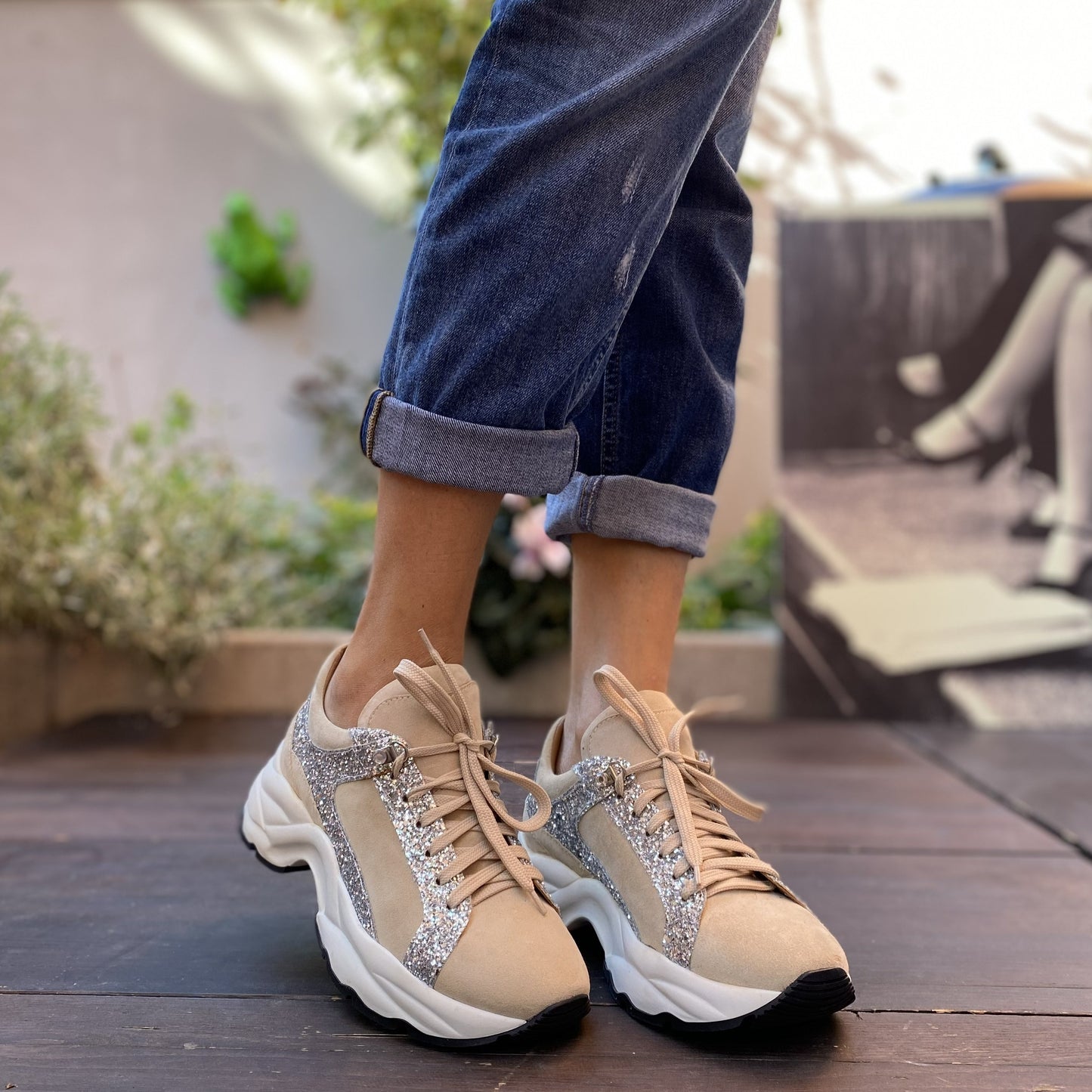 SPEEDY Chunky Sneakers con lacci in camoscio sabbia e glitter argento