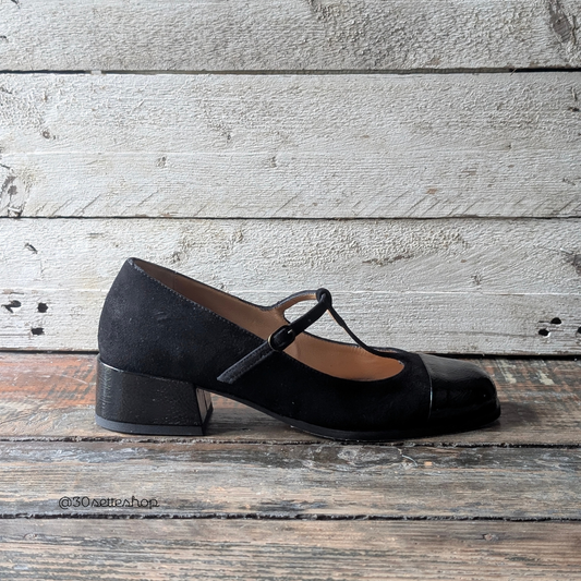 EDDA Scarpa t-bar con puntale e tacco largo di 3 cm in naplak e camoscio nero