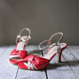 Sandalo slingback in nappa panna e rosso da cerimonia con tacco di 7 cm artigianale
