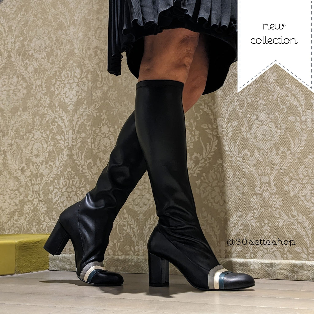 MARY Stivale con tacco largo di 70 mm in nappa elasticizzata nero