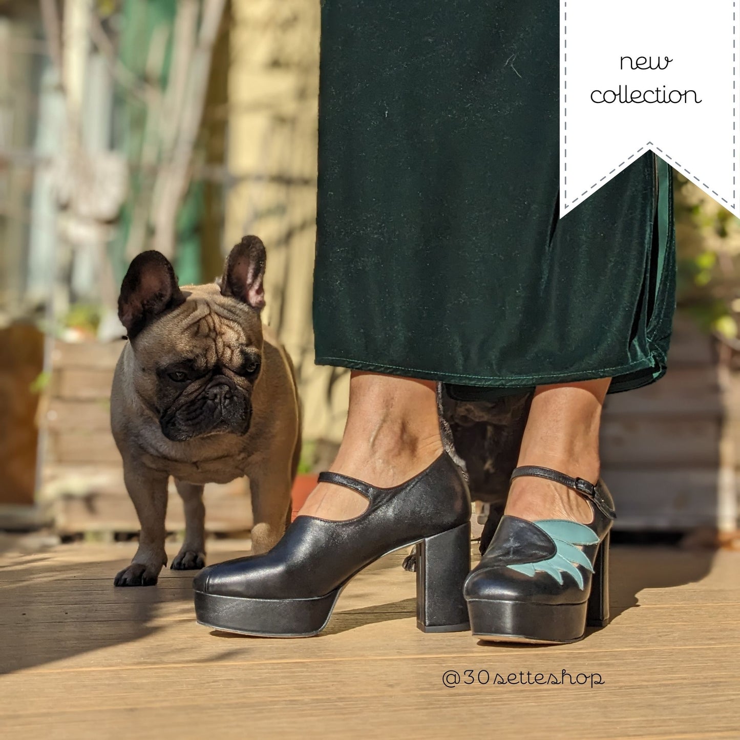 PATTY Décolleté Mary Jane dalla punta squadrata con tacco largo e plateau e decorazione a petali in nappa nero e ottanio