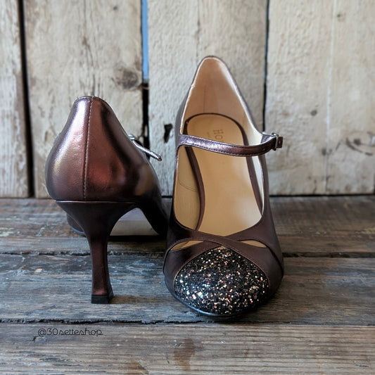 TERRY Décolleté Mary Jane con tacco sottile di 70 mm in laminato testa di moro e glitter moro