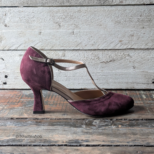 VITTORIA Décolleté t-bar con tacco di 70 mm in camoscio bordeaux e laminato beige