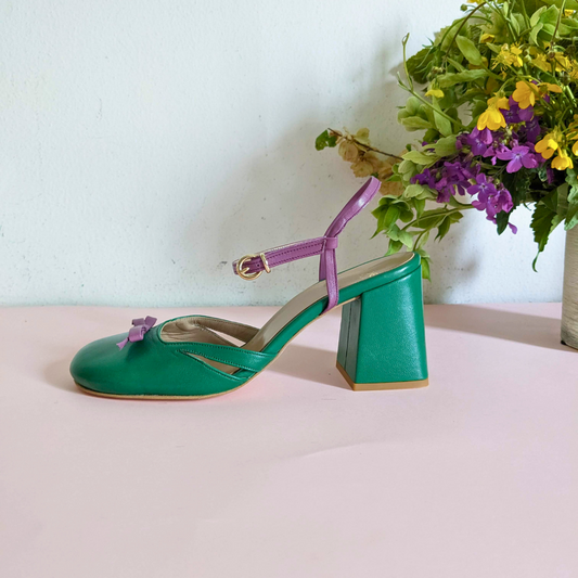 decollete-slingback-forma-tonda-paperotta-in-pelle-verde e malva-da-cerimonia-con-tacco-di-7-cm-artigianale