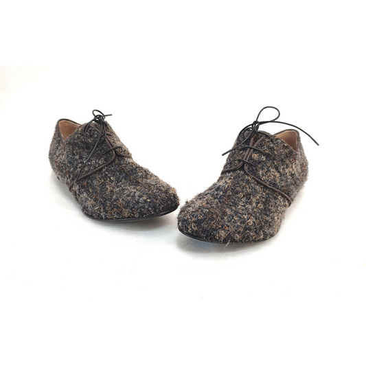 miranda-pantofola-scarpa bassa derby- tessuto lana grigio con zeppa di 3 cm da cerimonia artigianale mannish style