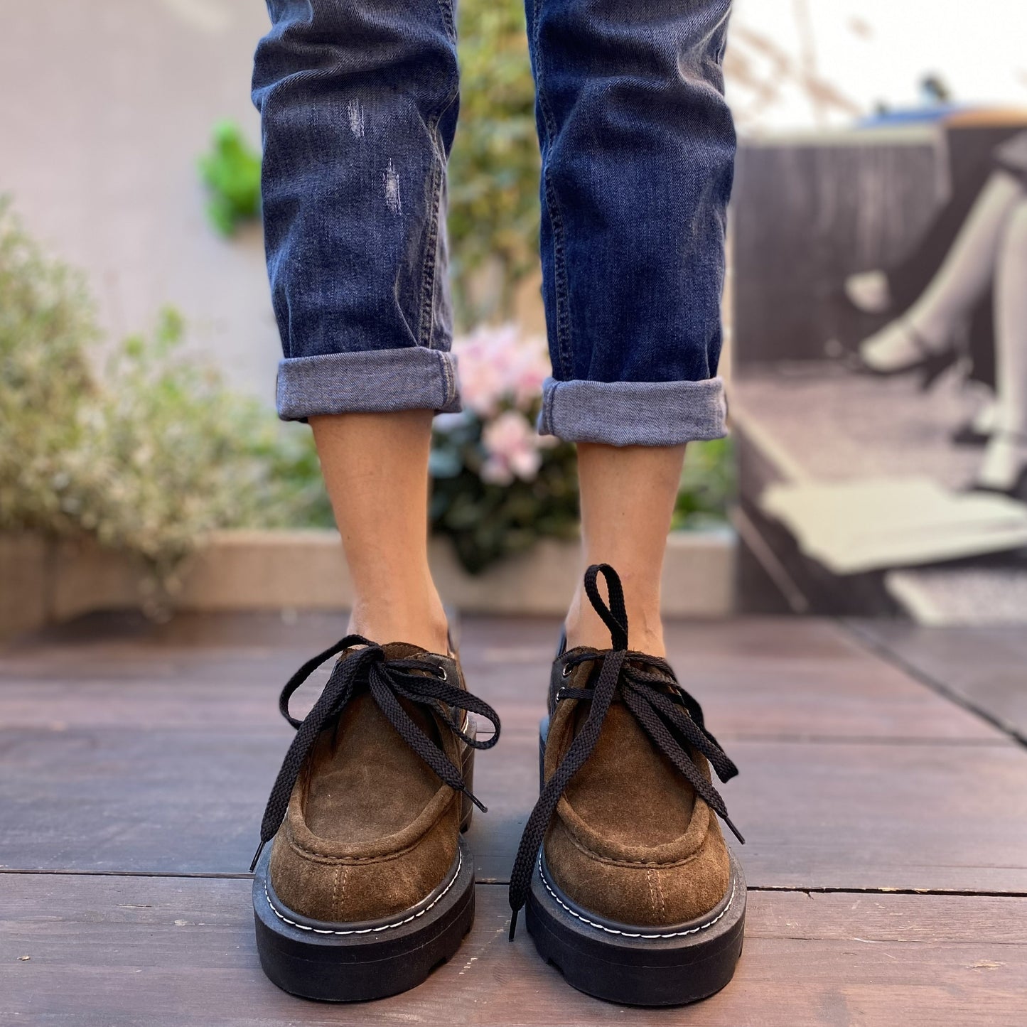 SERAFINO Polacchino stringato moc toe con tacco e suola chunky in suede marron