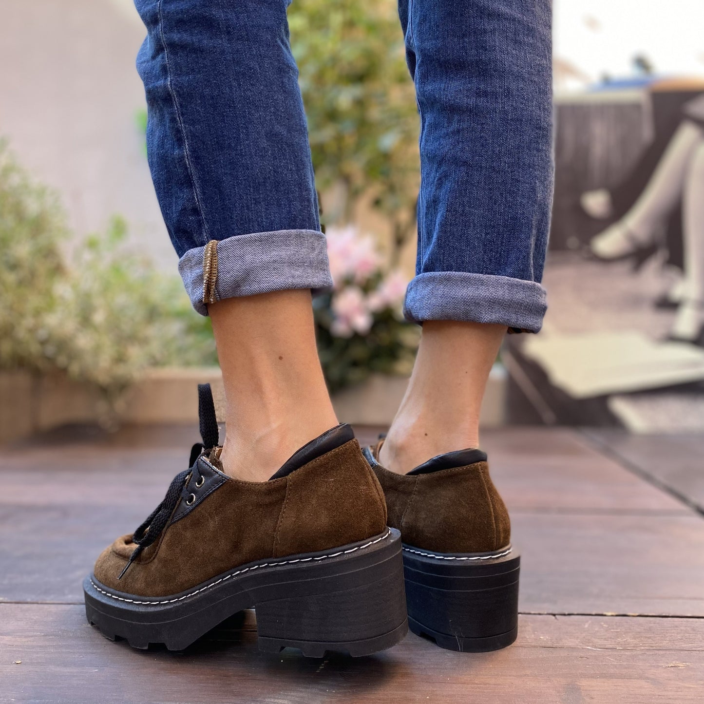 SERAFINO Polacchino stringato moc toe con tacco e suola chunky in suede marron