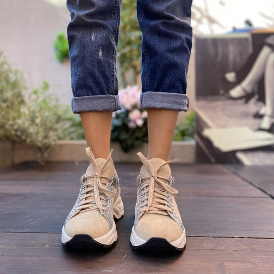 SPEEDY Chunky Sneakers camoscio sabbia e glitter