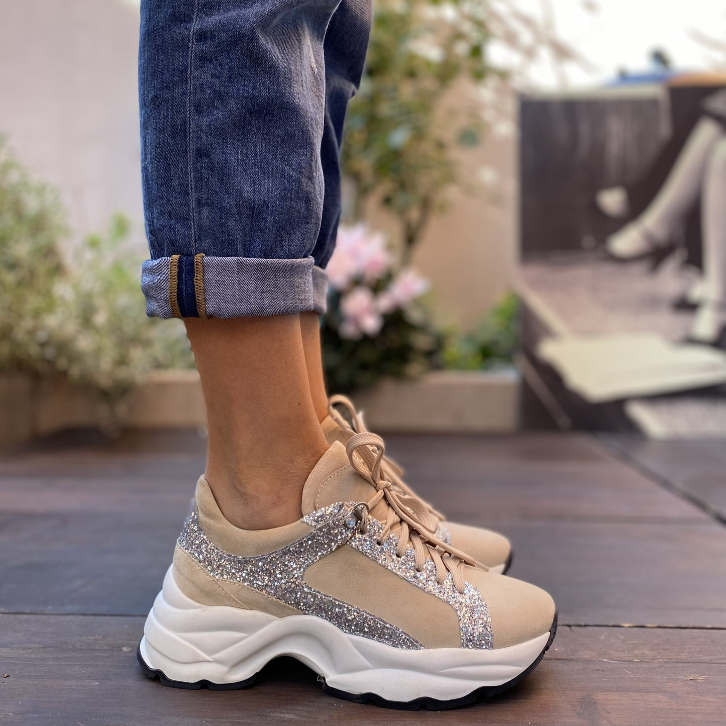 SPEEDY Chunky Sneakers con lacci in camoscio sabbia e glitter argento