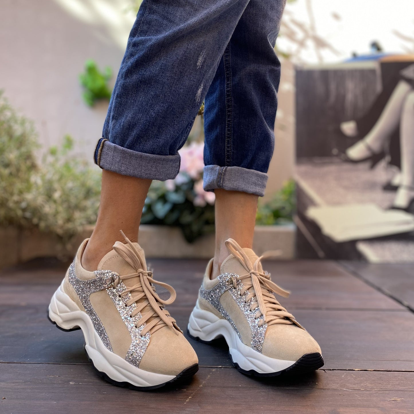 SPEEDY Chunky Sneakers con lacci in camoscio sabbia e glitter argento
