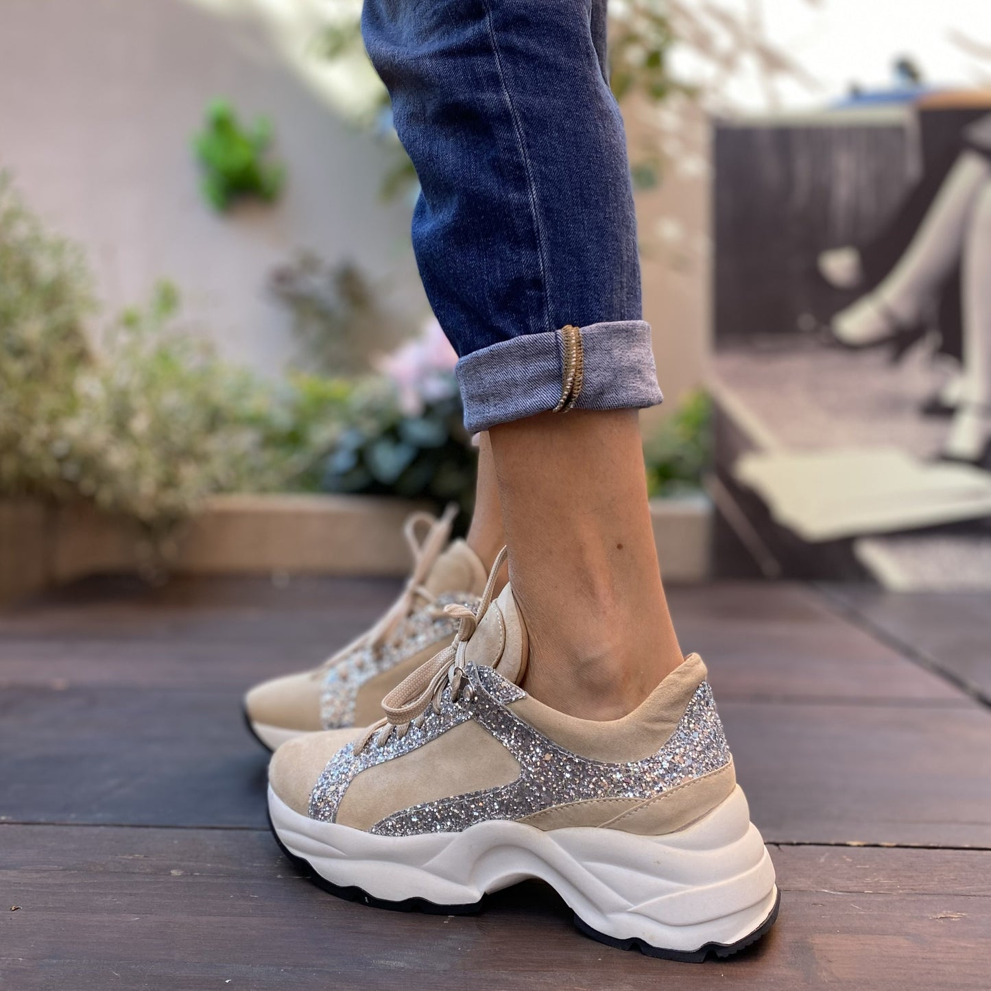 SPEEDY Chunky Sneakers con lacci in camoscio sabbia e glitter argento
