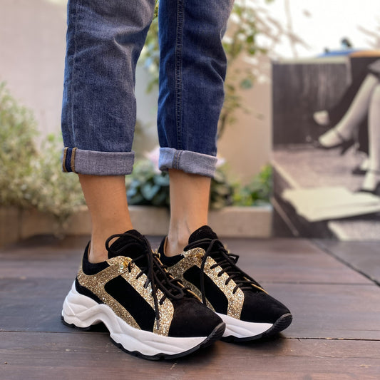 SPEEDY Chunky Sneakers camoscio nero glitter